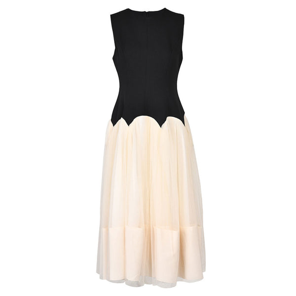 Contrast Round Neck Sleeveless Ruched Fit and Flare Midi Tulle Dress