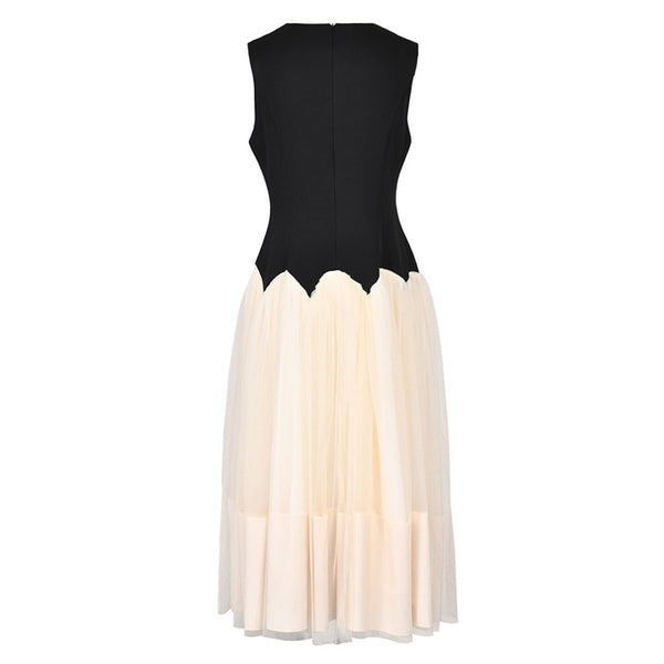 Contrast Round Neck Sleeveless Ruched Fit and Flare Midi Tulle Dress