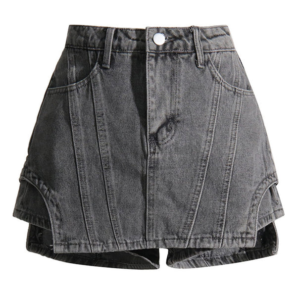 Cool Solid Color Exposed Seam Layered High Waist Denim Skorts