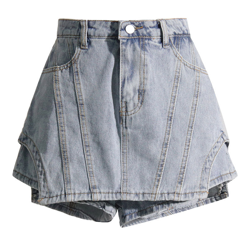 Cool Solid Color Exposed Seam Layered High Waist Denim Skorts