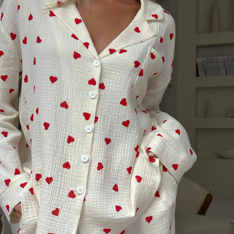 Cozy Textured Heart Print Long Sleeve Collar Cotton Gauze Lounge Set