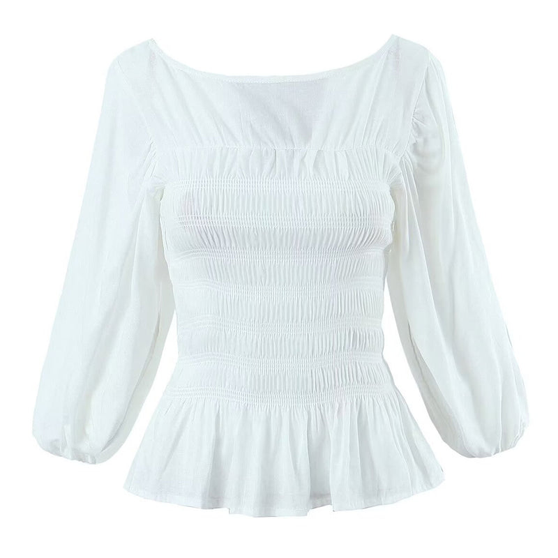 Creative Cutout 3/4 Sleeve Boat Neck Ruffled Smocked Peplum Ramie Top