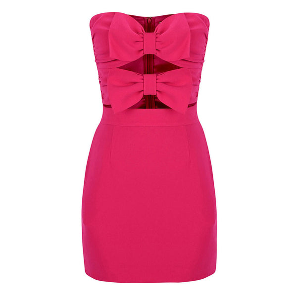 Cute Bow Cut Out Strapless Sweetheart Neck Ruched Bodycon Mini Party Dress