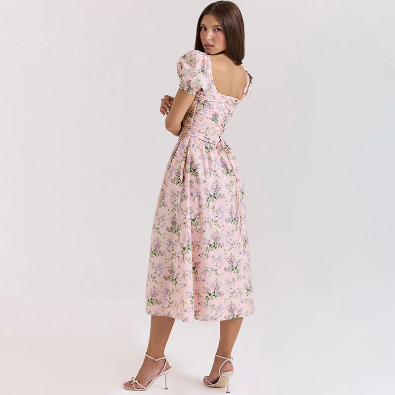 Cute Bow Tie Ruched Lace Up Drop Waist Puff Sleeve Floral Midi Dress