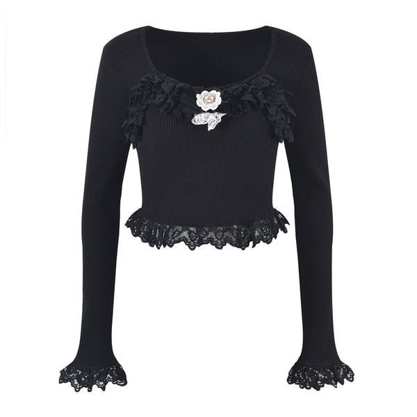 Cute Bow Trim Scoop Neck Lace Detail Long Sleeve Cropped Rib Knit Top