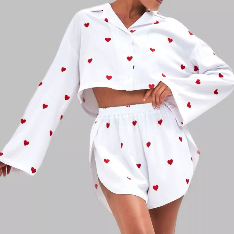 Cute Heart Print Bell Sleeve Crop Button Up Split Shorts Satin Lounge Set