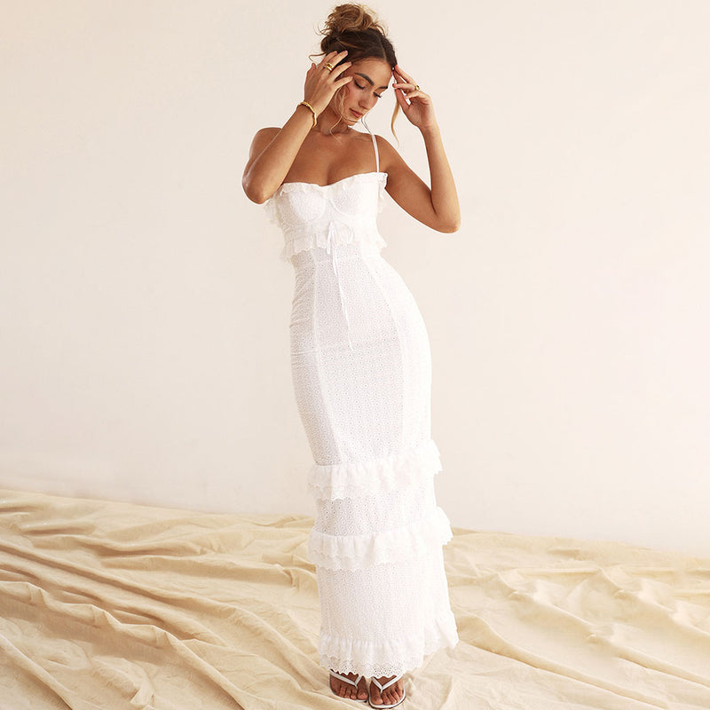 Cute Layered Ruffle Bustier Cami Back Split Broderie Anglaise Maxi Dress