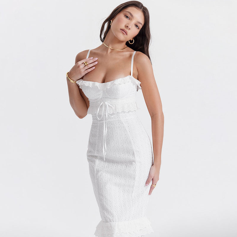 Cute Layered Ruffle Bustier Cami Back Split Broderie Anglaise Maxi Dress