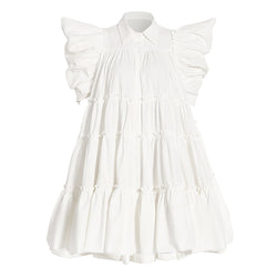 Cute Puff Sleeve Ruffle Tiered Collared Button Down Mini Babydoll Dress