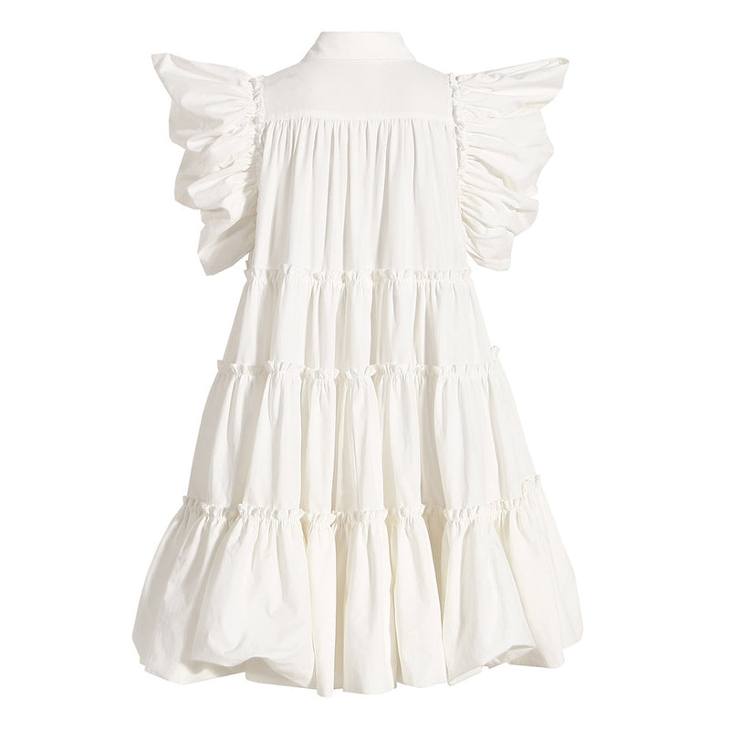 Cute Puff Sleeve Ruffle Tiered Collared Button Down Mini Babydoll Dress