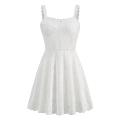 Cute Scalloped Sweetheart Belted Fit & Flare Smocked Broderie Anglaise Mini Sundress
