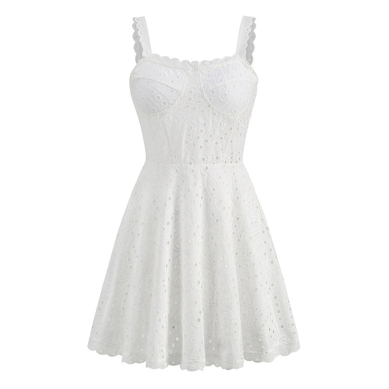 Cute Scalloped Sweetheart Belted Fit & Flare Smocked Broderie Anglaise Mini Sundress