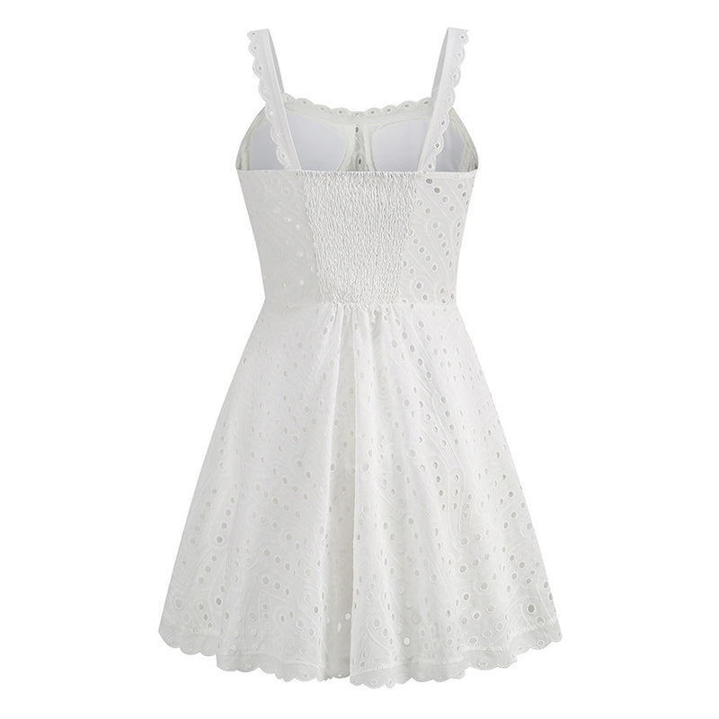 Cute Scalloped Sweetheart Belted Fit & Flare Smocked Broderie Anglaise Mini Sundress