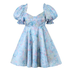 Cute Tie Dye Printed Sweetheart Neck Puff Sleeve Fit and Flare Summer Mini Dress
