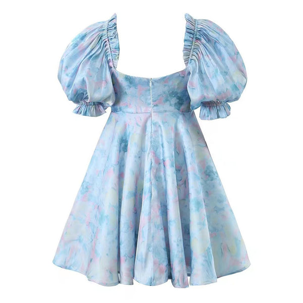 Cute Tie Dye Printed Sweetheart Neck Puff Sleeve Fit and Flare Summer Mini Dress