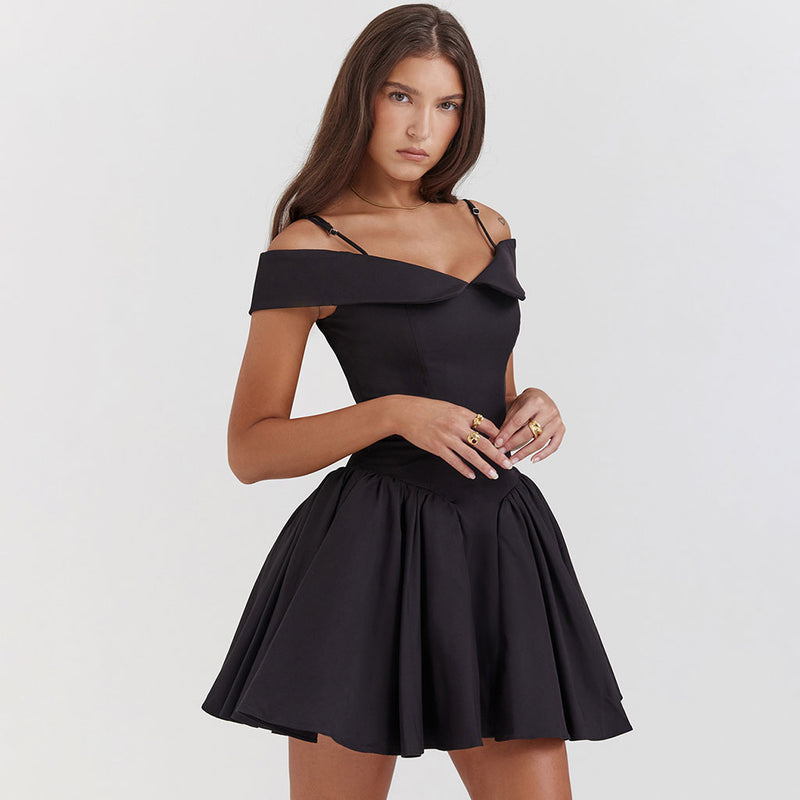 Cute Turnover Sweetheart Neck Cold Shoulder Drop Waist Flared Mini Party Dress