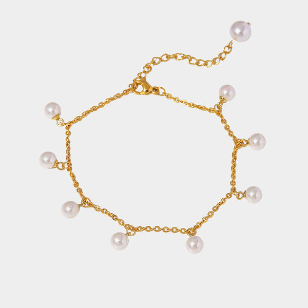Cute Two Tone 18K Gold Plated Imitation Pearl Station Cable Chain Anklet