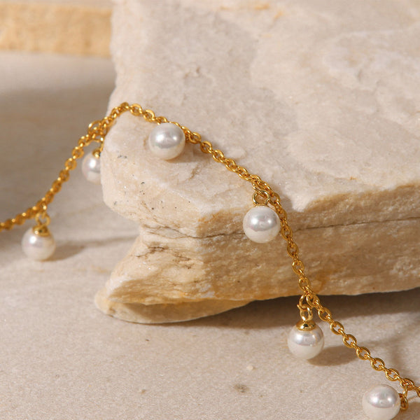 Cute Two Tone 18K Gold Plated Imitation Pearl Station Cable Chain Anklet