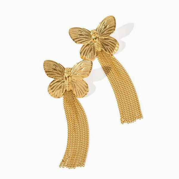 Daring 18K Gold Plated Butterfly Stud Curb Chain Tassel Drop Earrings