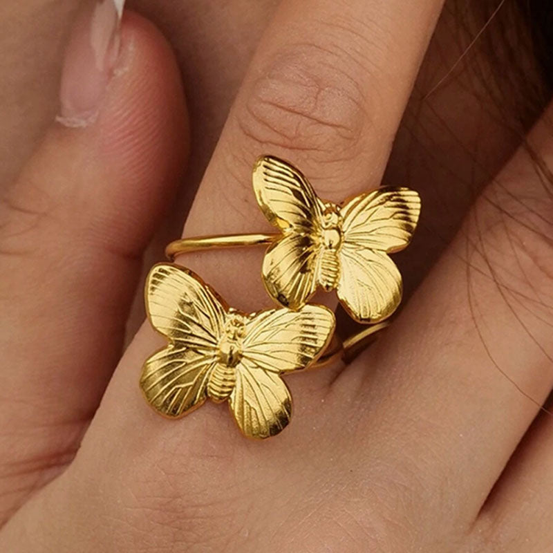 Daring 18K Gold Plated Double Butterfly Ribbed Design Open Cuff Ring