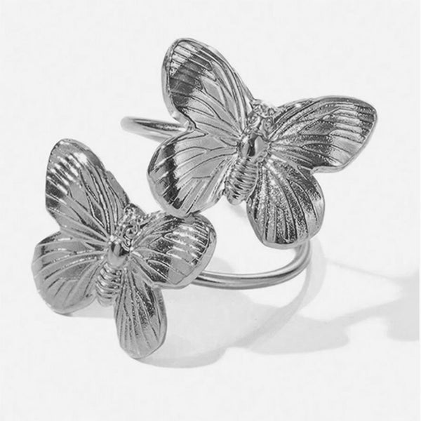 Daring 18K Gold Plated Double Butterfly Ribbed Design Open Cuff Ring