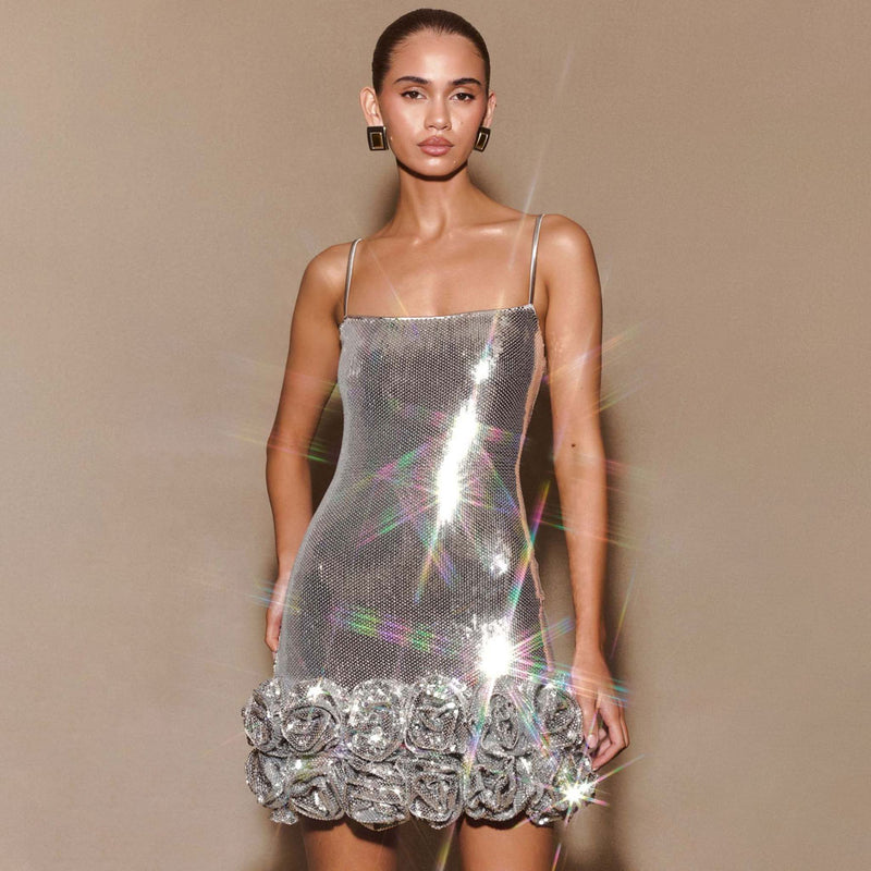 Dazzling Metallic Sequin Embellished Rosette Bodycon Party Slip Mini Dress