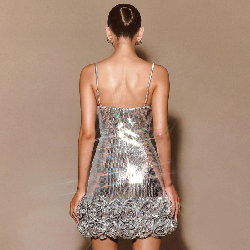 Dazzling Metallic Sequin Embellished Rosette Bodycon Party Slip Mini Dress