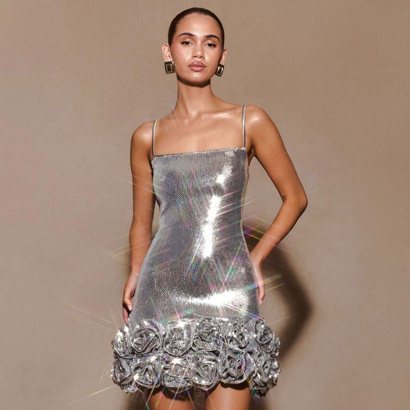 Dazzling Metallic Sequin Embellished Rosette Bodycon Party Slip Mini Dress