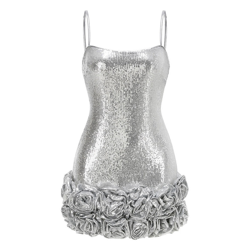 Dazzling Metallic Sequin Embellished Rosette Bodycon Party Slip Mini Dress
