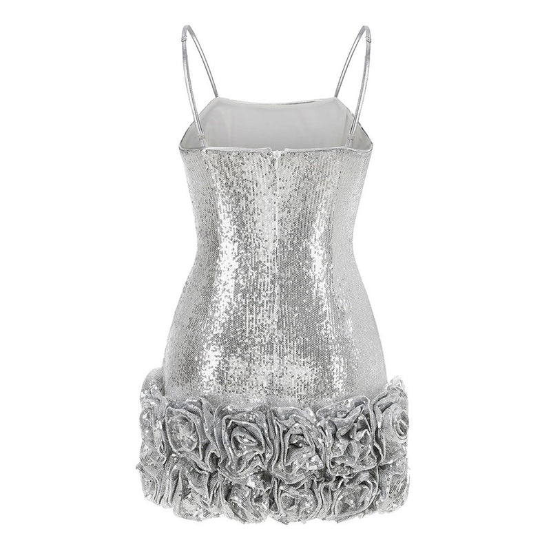 Dazzling Metallic Sequin Embellished Rosette Bodycon Party Slip Mini Dress