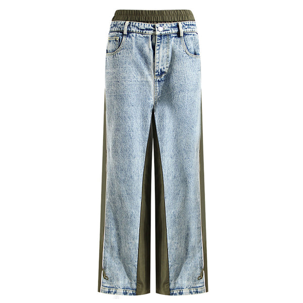 Deconstructed Contrast Zip Detail Denim Patchwork Ankle Tie Pants