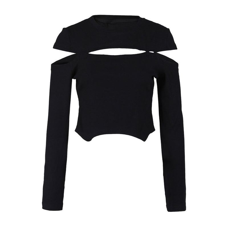 Deconstructed Crew Neck Split Trim Long Sleeve Rib Knit Asymmetric Crop Top