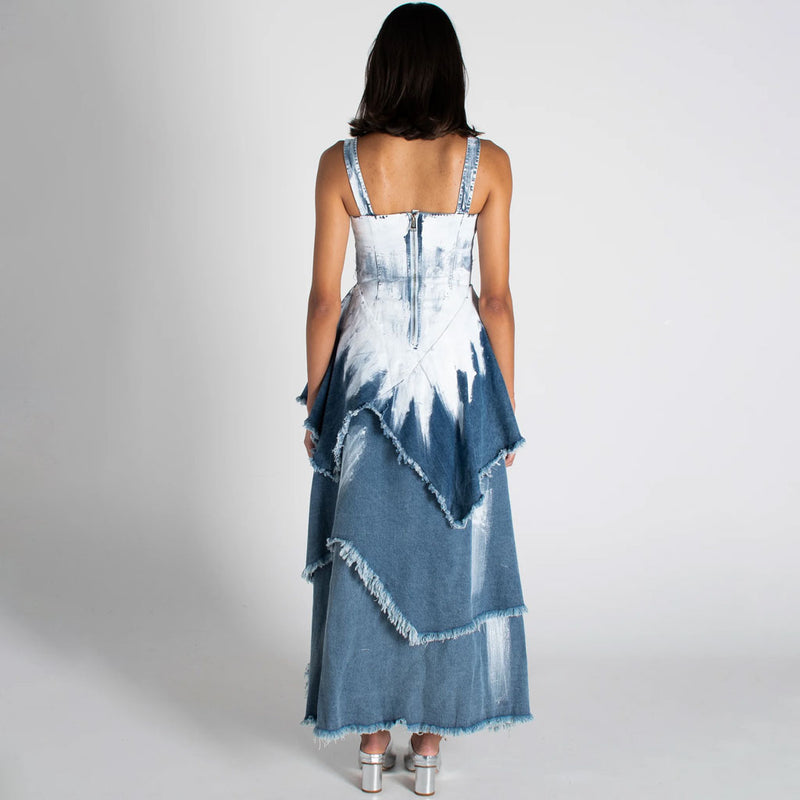 Deconstructed Frayed Layered Brush Print Drop Waist Sleeveless Denim Maxi Dress