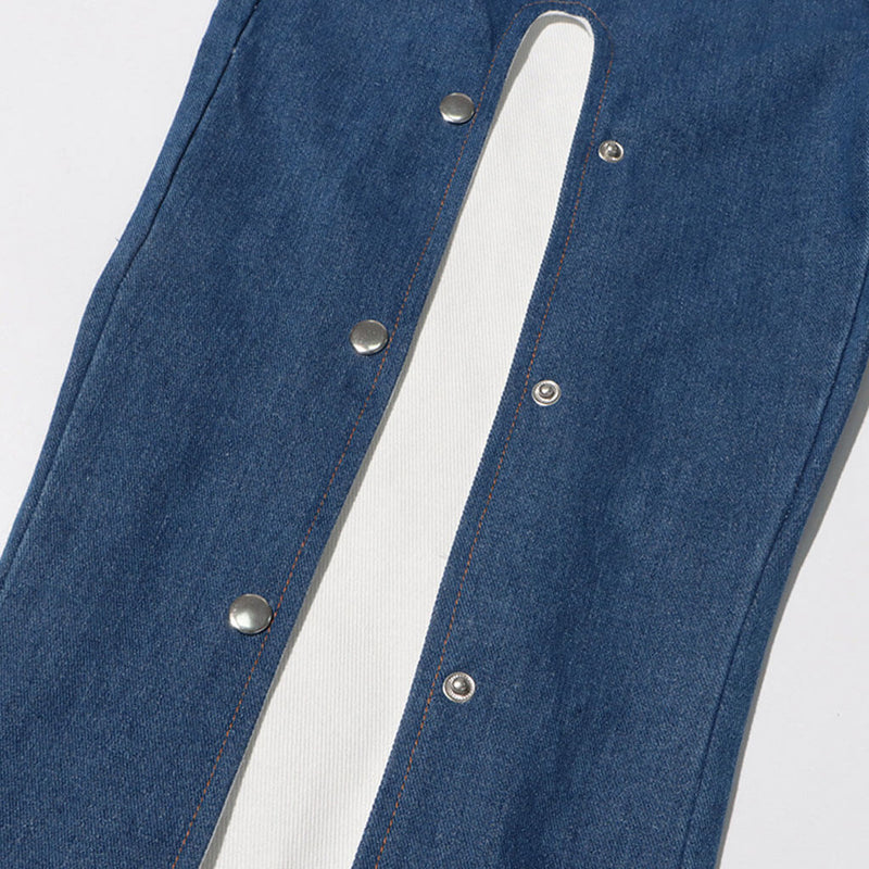 Deconstructed High Waist Contrast Godet Button Up Wide Leg Denim Jeans