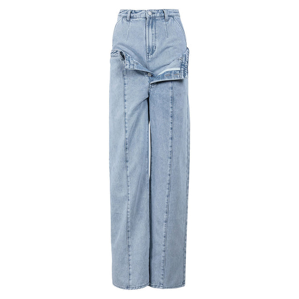 Deconstructed Layered Waist Light Blue High Rise Wide Leg Jeans