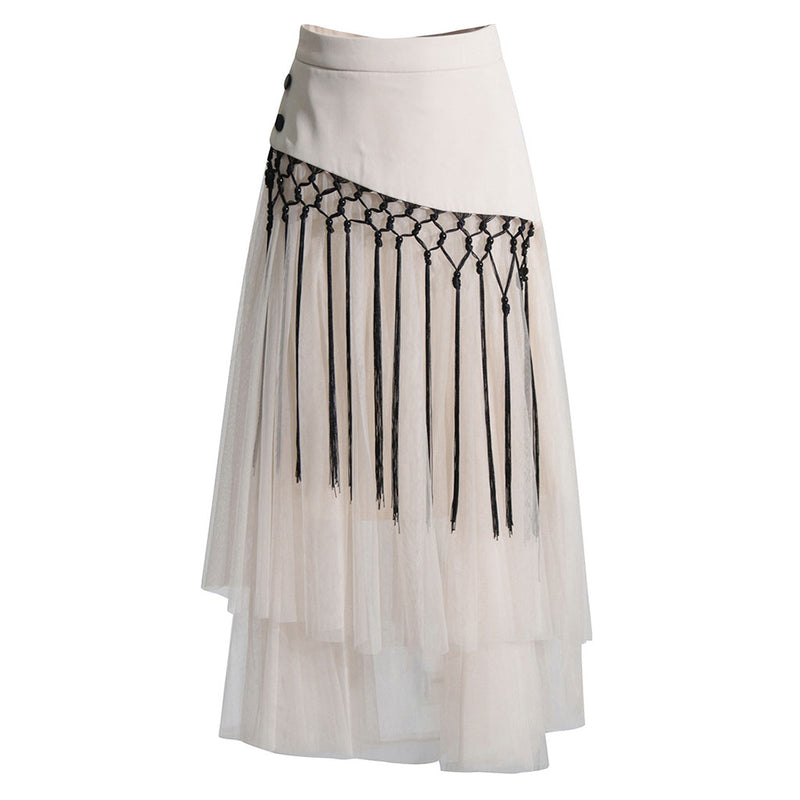 Deconstructed Macrame Fringe Detail High Waist Tiered Tulle Midi Skirt