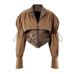 Detachable Puff Sleeve Folded Collar Belted Vegan Leather Cropped Jacket