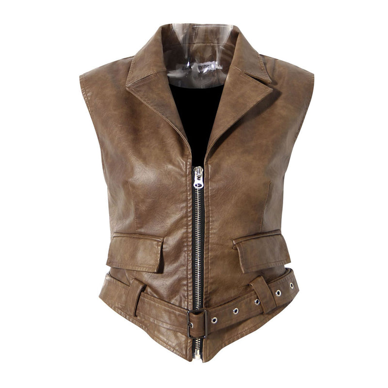 Detachable Puff Sleeve Folded Collar Belted Vegan Leather Cropped Jacket