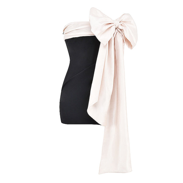 Dramatic Draped Bow Detail Contrast Ruched Strapless Bodycon Mini Dress