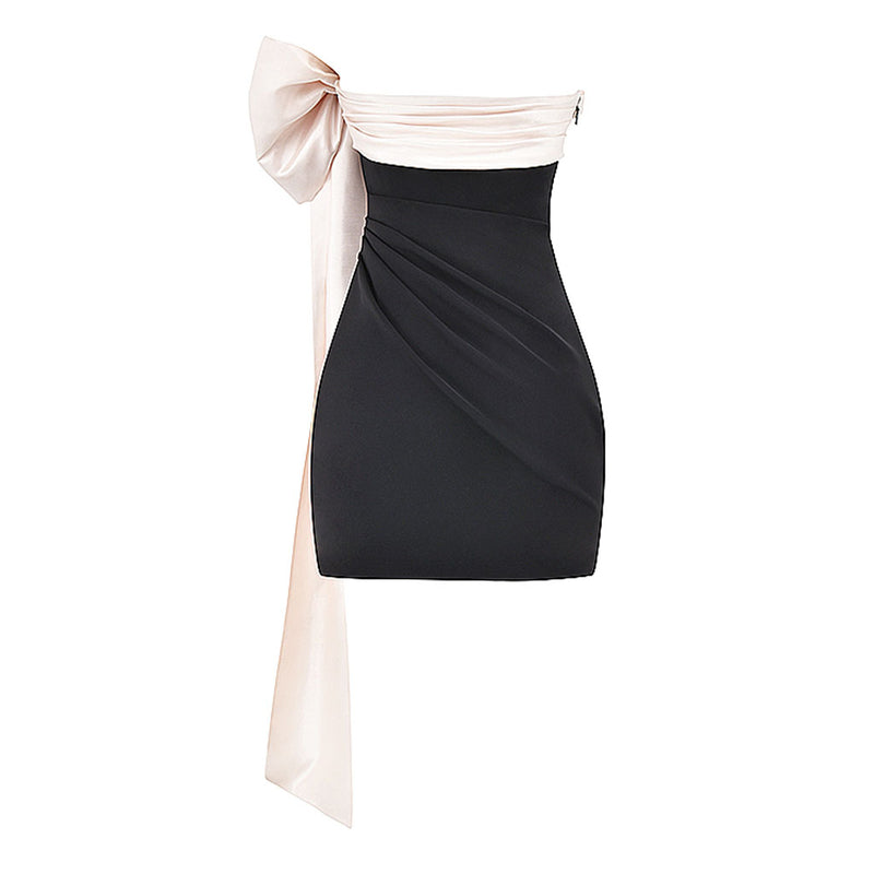 Dramatic Draped Bow Detail Contrast Ruched Strapless Bodycon Mini Dress
