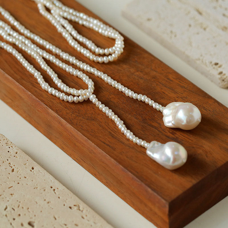 Easy To Match Baroque Double Pendant Freshwater Pearl Opera Necklace