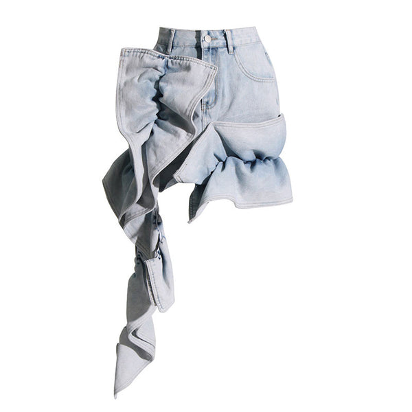 Eclectic High Waist Asymmetric Ruffle Detail Acid Wash Denim Mini Skirt