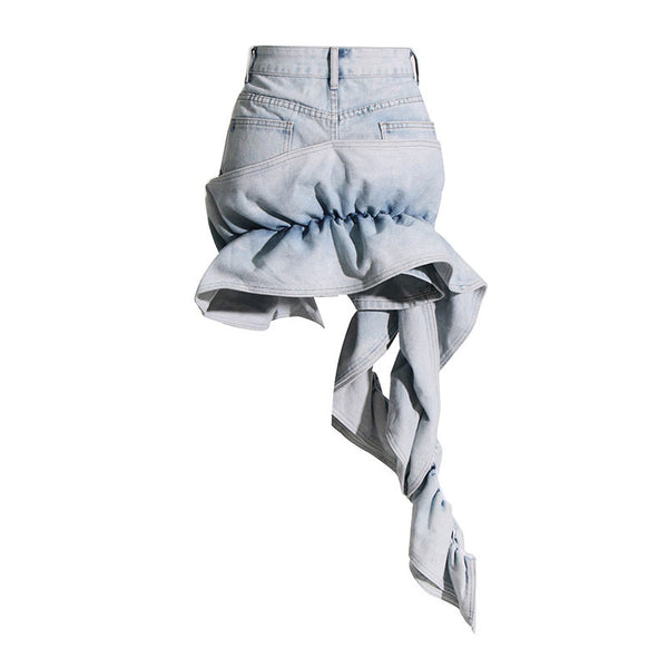 Eclectic High Waist Asymmetric Ruffle Detail Acid Wash Denim Mini Skirt