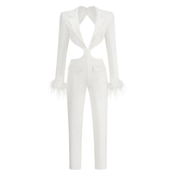 Edge Lapel Collar Cutout Feather Trim Long Sleeve Padded Backless Blazer Jumpsuit