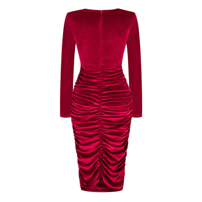 Edge Twist Neck Cutout Padded Long Sleeve Ruched Bodycon Velvet Midi Cocktail Dress