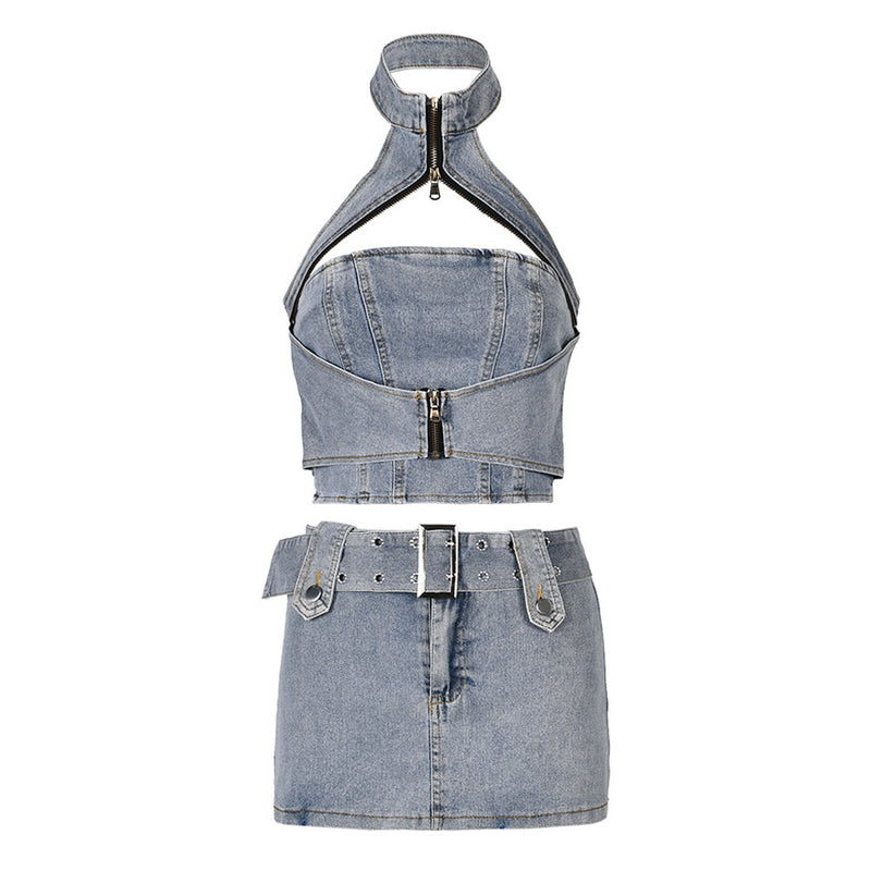 Edge Zipper Cutout Halter Denim Crop Top and Belted Mini Denim Skirt Matching Set