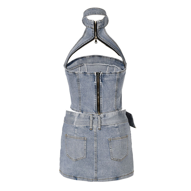 Edge Zipper Cutout Halter Denim Crop Top and Belted Mini Denim Skirt Matching Set