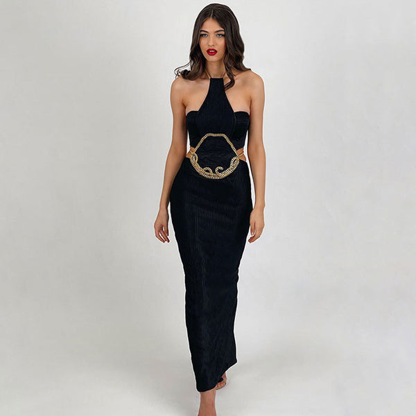 Edgy Chain Linked Halter Backless Cut Out Slit Textured Bandage Maxi Evening Dress
