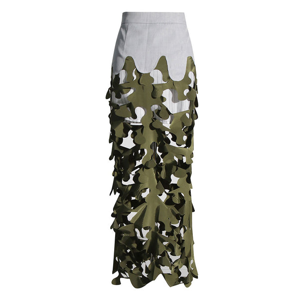 Edgy Contrast Patchwork Lacer Graphic Cut Out Zipper Up High Waist Maxi Skirt