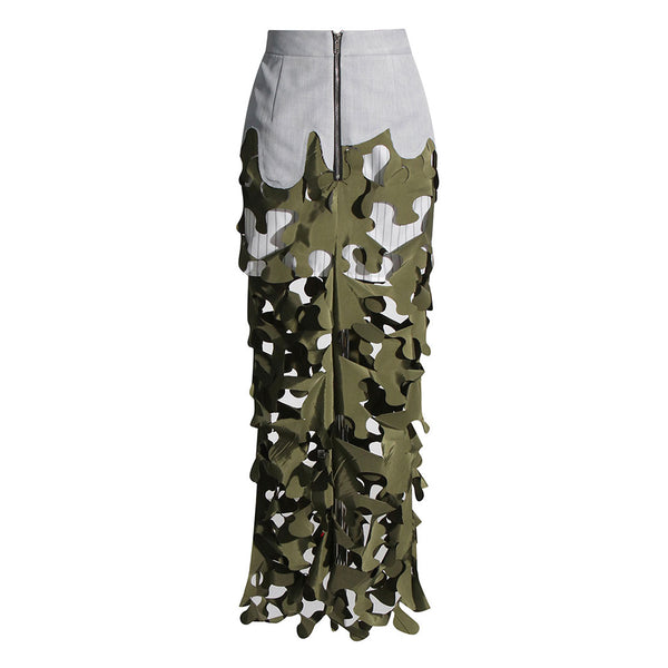 Edgy Contrast Patchwork Lacer Graphic Cut Out Zipper Up High Waist Maxi Skirt
